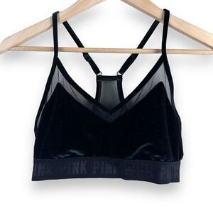 Victorias Secret Sport Women's M Racerback Crushed Velvet Mesh Bralette‎ Black